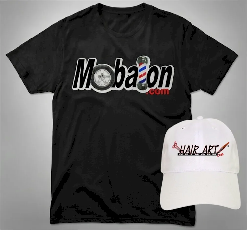 A MOBALON t-shirt and a Hair Art cap
