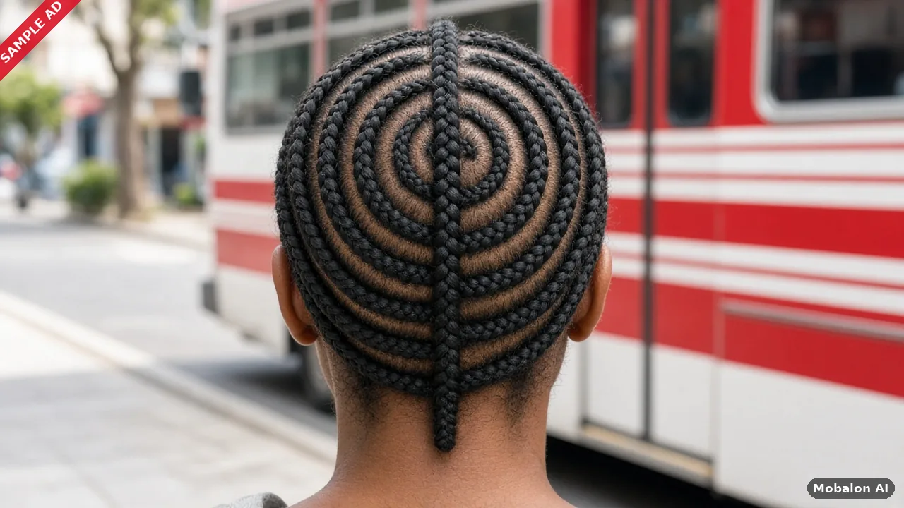 Sample ad: cornrows braided in tire rings with a barber-pole center line