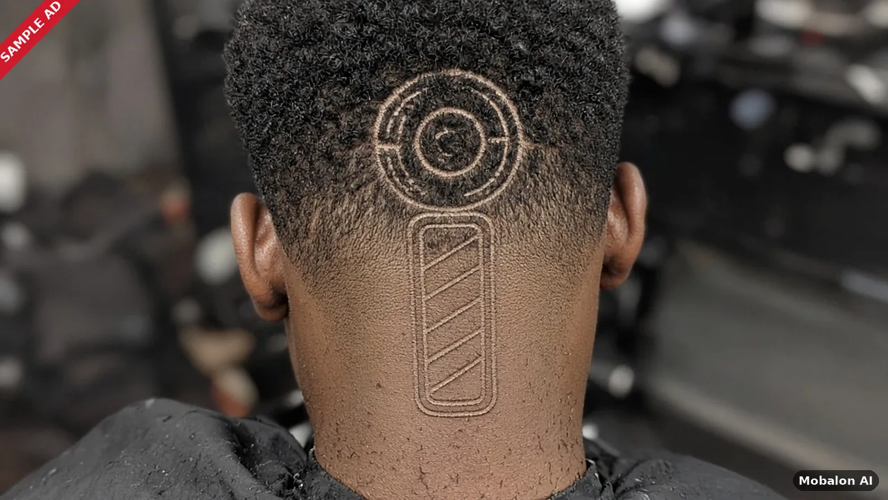 Sample ad: a barber pole and tire razor-lined into a low fade, Hair Art advertising