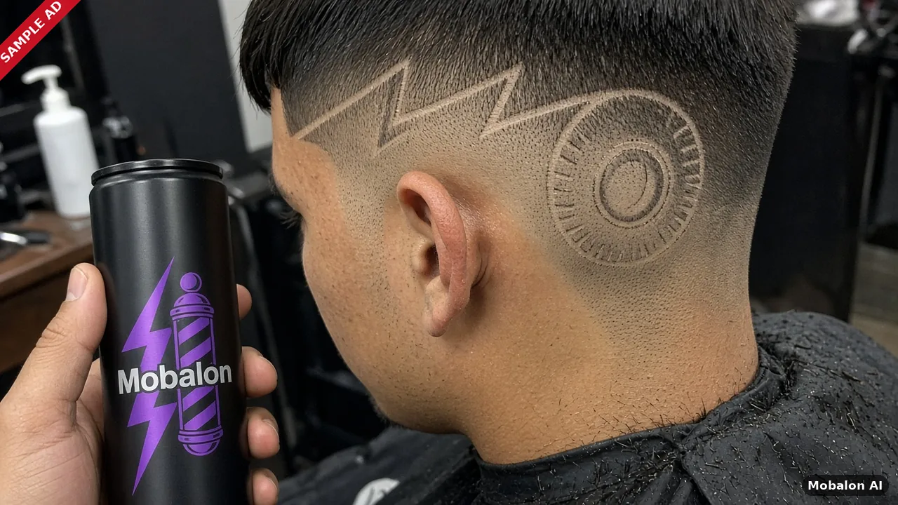 Sample ad: a lightning bolt and tire razor-lined into a mid fade, client holding a Mobalon Energy can