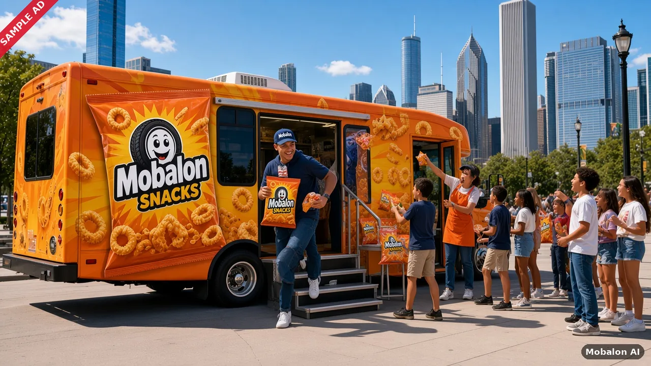 Sample ad: a client stepping off the bus with Mobalon Snacks and a cap while hand-outs continue