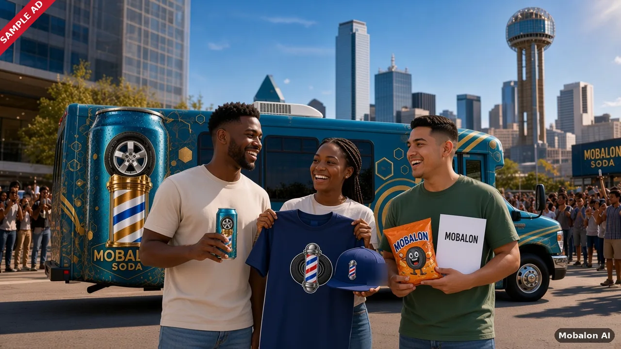 Sample ad: fresh-cut clients with a Mobalon Soda can, tee, cap, snacks and a flyer at the bus