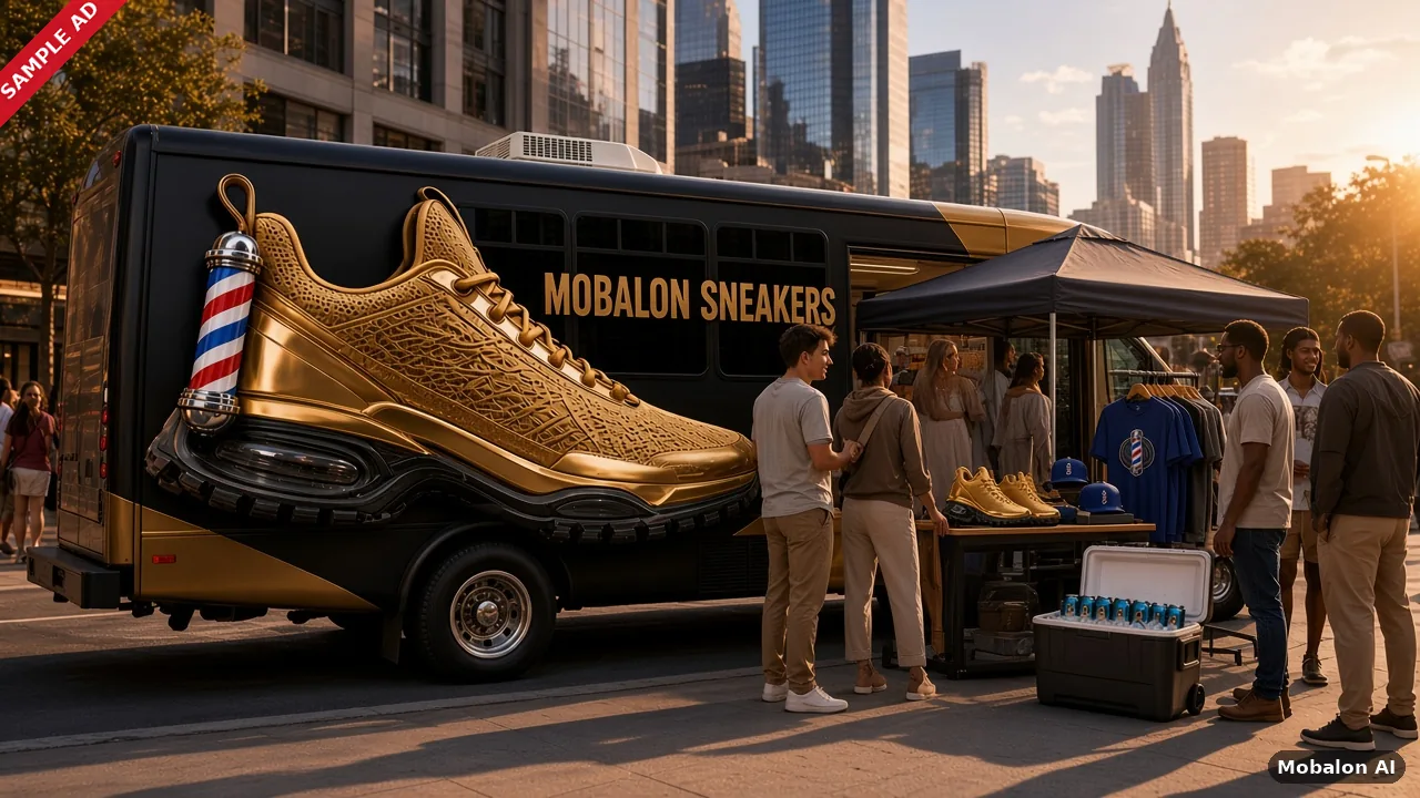 Sample ad: a canopy pop-up at the bus with sneakers, tees, caps and a cooler of soda