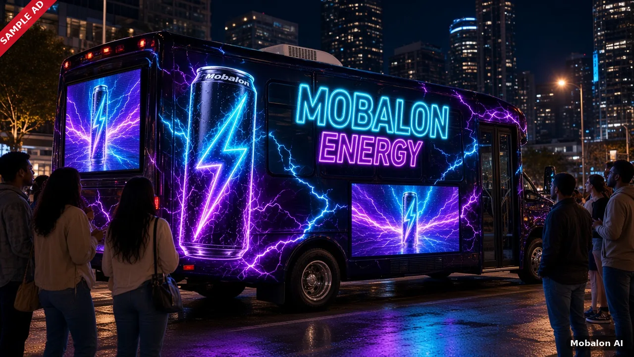 Sample ad: LED screens on the side of a bus playing Mobalon Energy ads at night in Atlanta