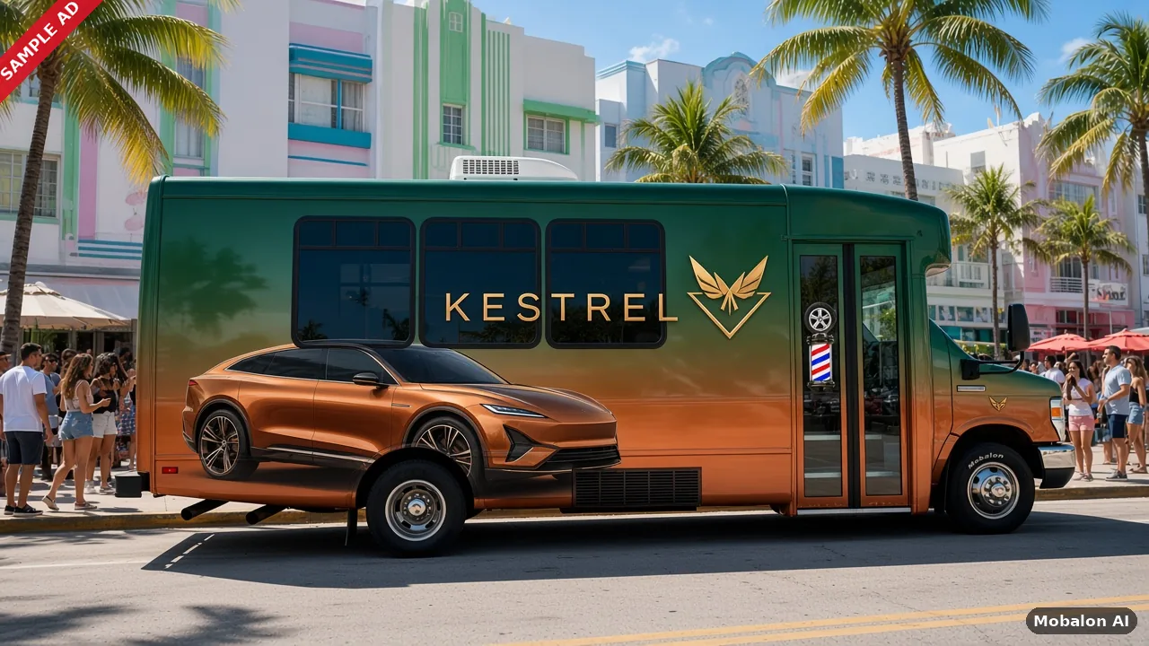 Sample ad: one bus in a full Kestrel Motors wrap in Miami Beach