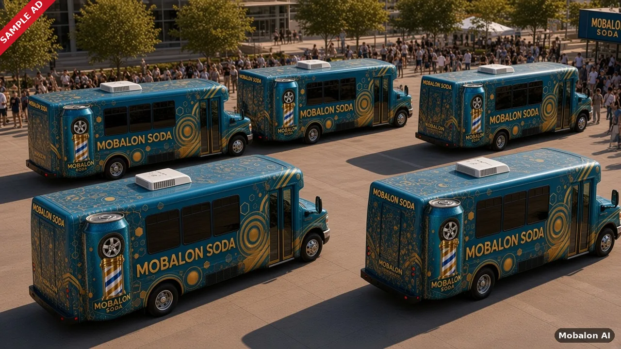 Sample ad: five teal and gold Mobalon Soda buses parked in a fan