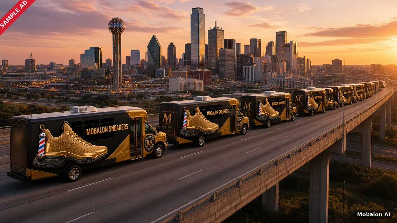 Sample ad: a ten-bus Mobalon Sneakers convoy on a highway into Dallas at sunset