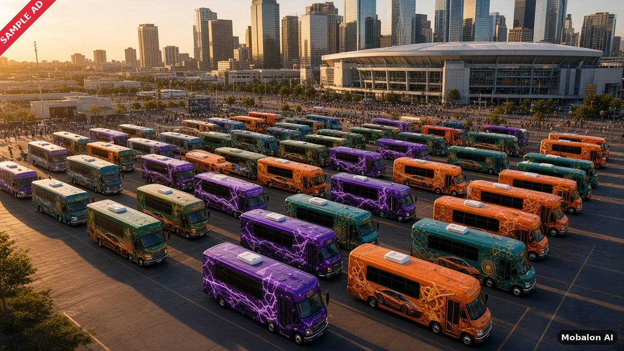 Sample ad: a full fleet of wrapped buses in a stadium lot