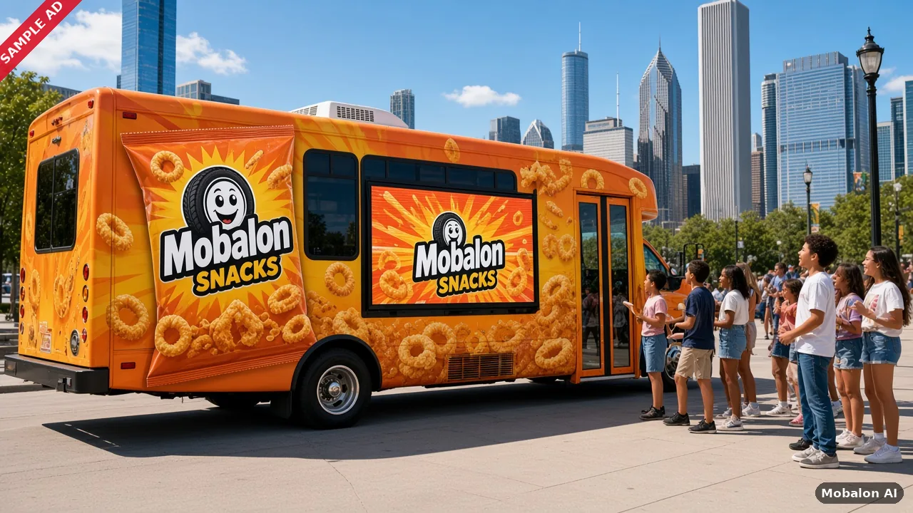 Sample ad: bus in a Mobalon Snacks wrap with a side screen, families in Chicago