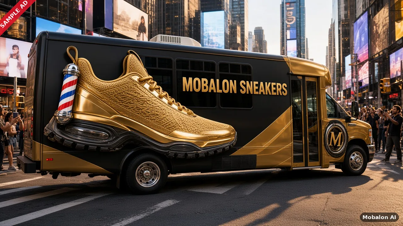 Sample ad: bus in a full Mobalon Sneakers wrap on a New York avenue with a cheering crowd
